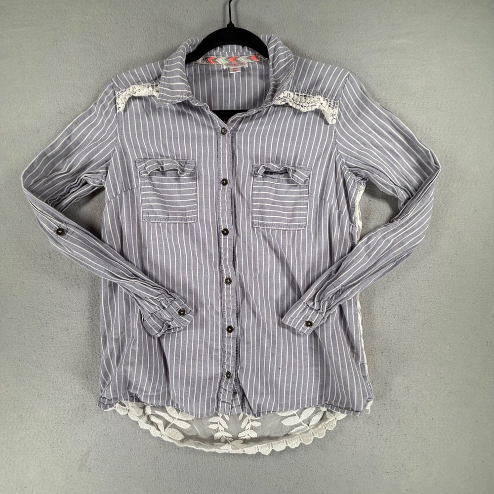 Xhilaration Women's Medium Gray White Striped Lace Trim Button Front Boho Shirt